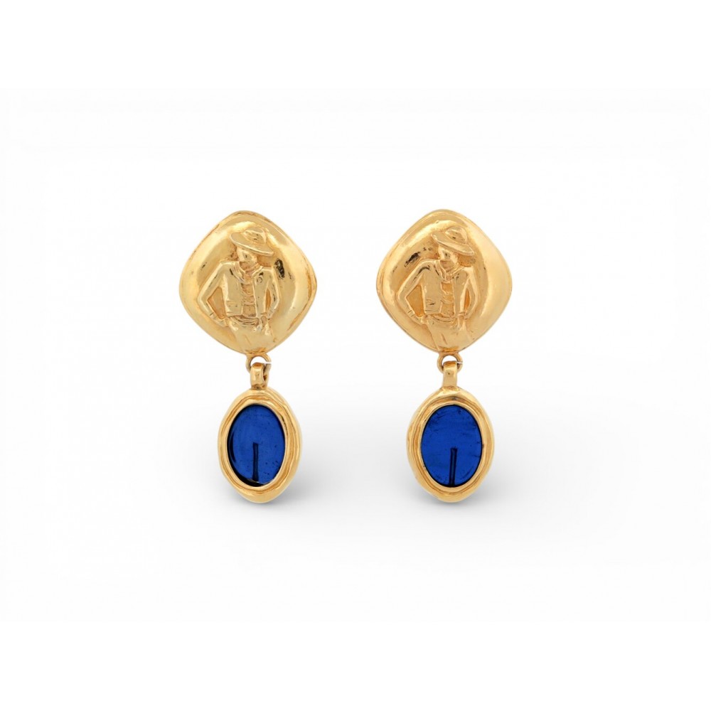 VINTAGE BOUCLES D'OREILLES CHANEL PENDANTE COCO PORTRAIT PIERRES BLEUES EARRINGS