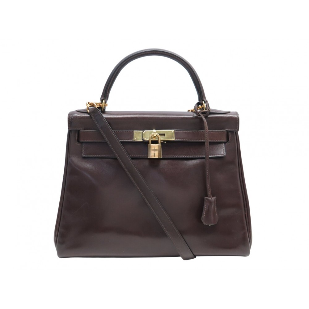 VINTAGE SAC A MAIN HERMES KELLY 28 CUIR BOX RETOURNE MARRON BANDOULIERE HANDBAG