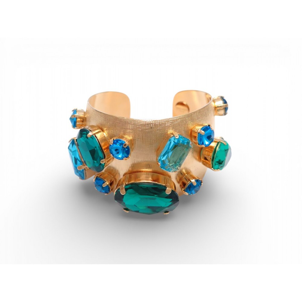 NEUF BRACELET JONC PHILIPPE FERRANDIS STRASS VERT & TURQUOISE EN METAL DORE 420€