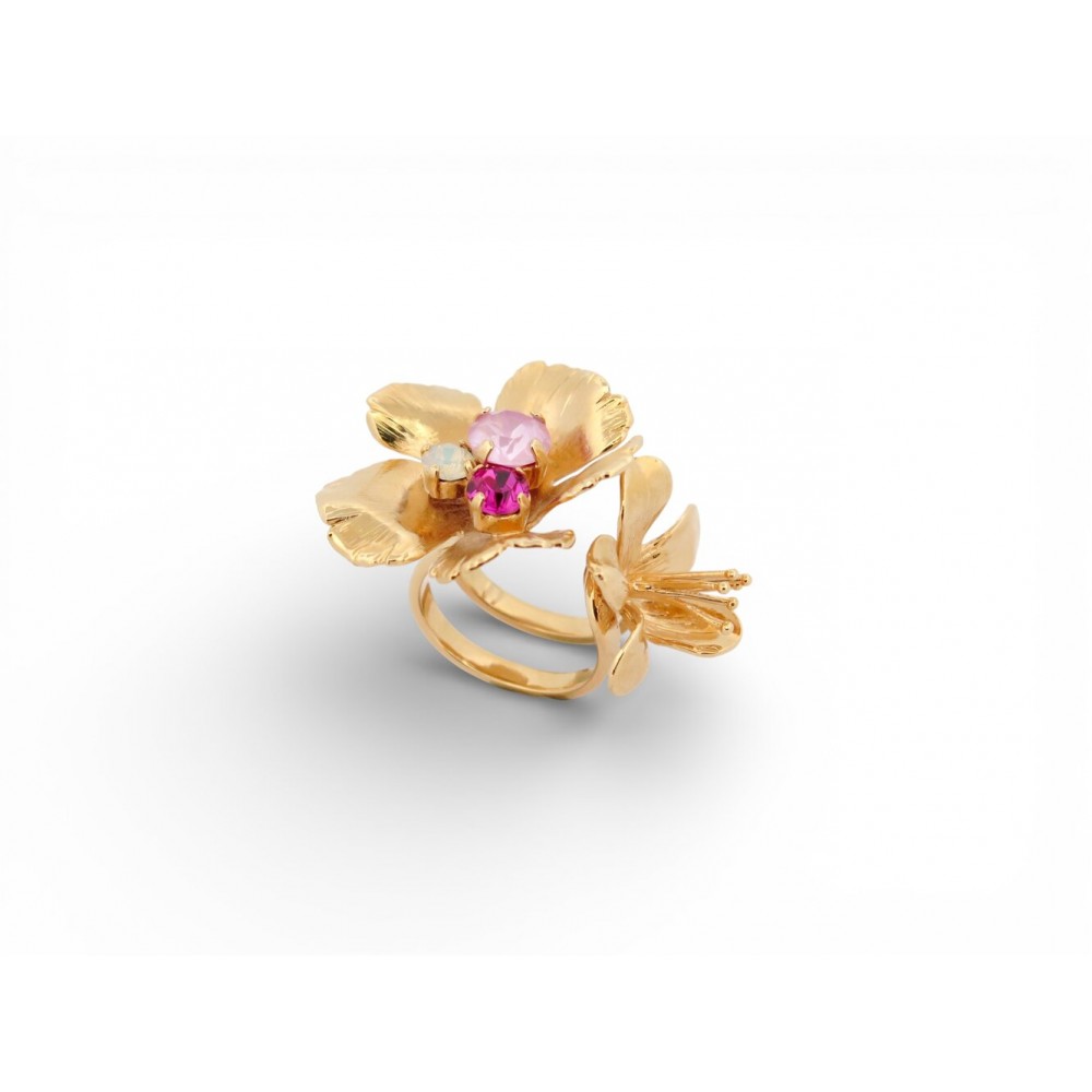 NEUF VINTAGE BAGUE PHILIPPE FERRANDIS FLEURS 55 FANTAISIE METAL DORE GOLDEN RING