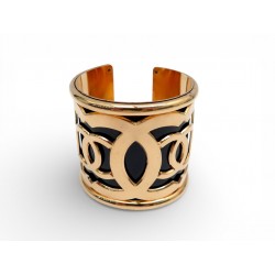 VINTAGE BRACELET CHANEL MANCHETTE LOGO CC 1960 1970 EN METAL DORE & NOIR BANGLE