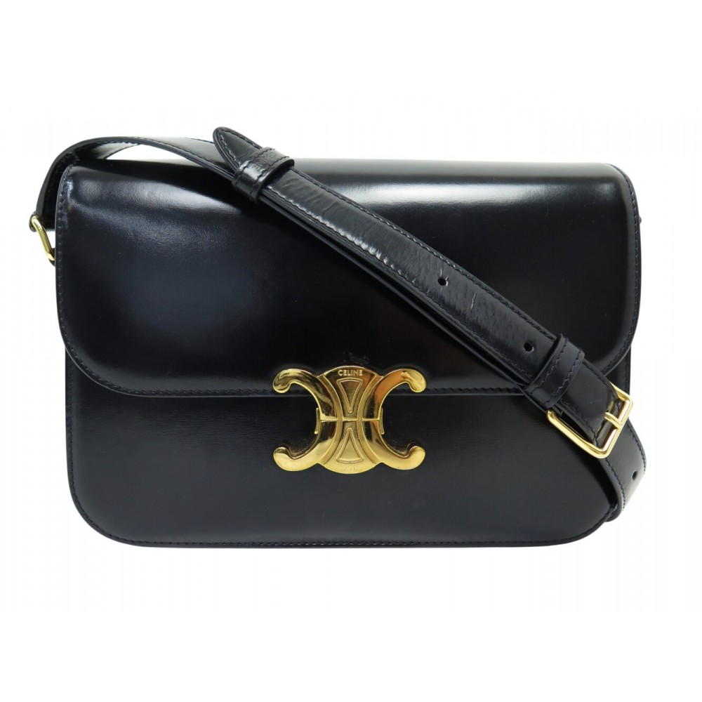 SAC A MAIN CELINE TRIOMPHE 187363 CUIR VEAU BRILLANT NOIR BANDOULIERE BAG 3500€