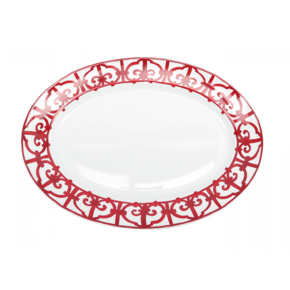 GRAND PLAT OVALE HERMES BALCON DU GUADALQUIVIR P011050P ROUGE EN PORCELAINE 400€