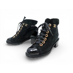 BOTTINES CHANEL G27001 A TALONS EN CUIR VERNI & DAIM 36.5 COMBAT BOOTS 2300€