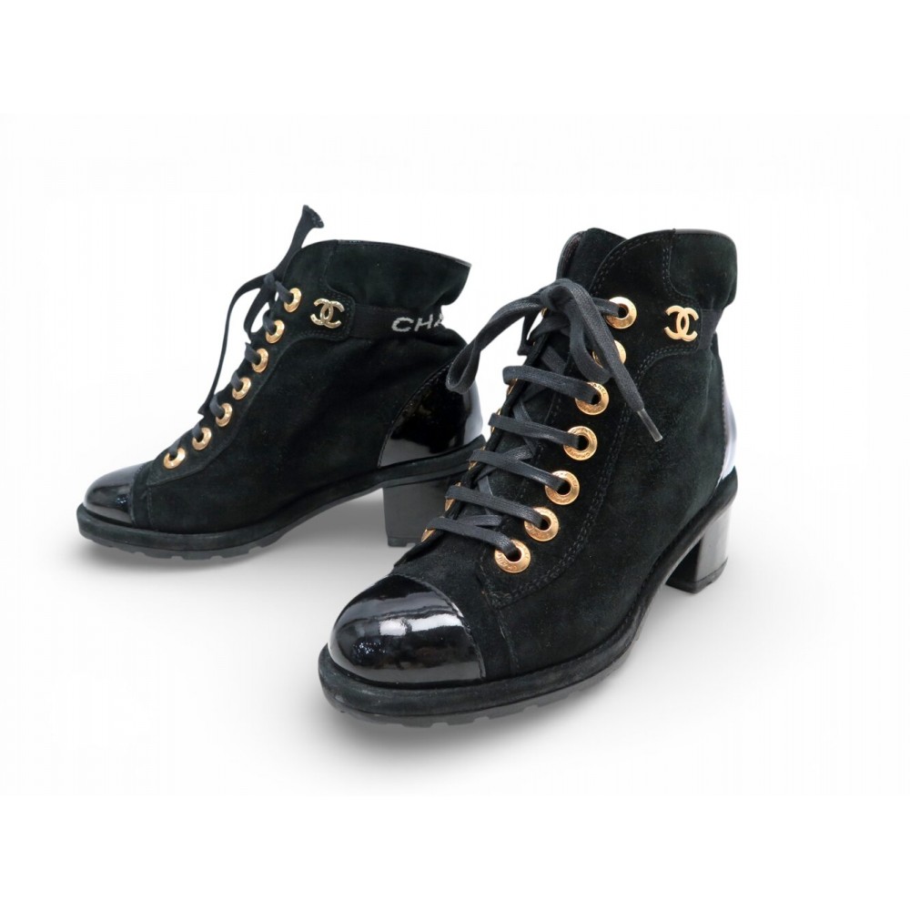BOTTINES CHANEL G27001 A TALONS EN CUIR VERNI & DAIM 36.5 COMBAT BOOTS 2300€
