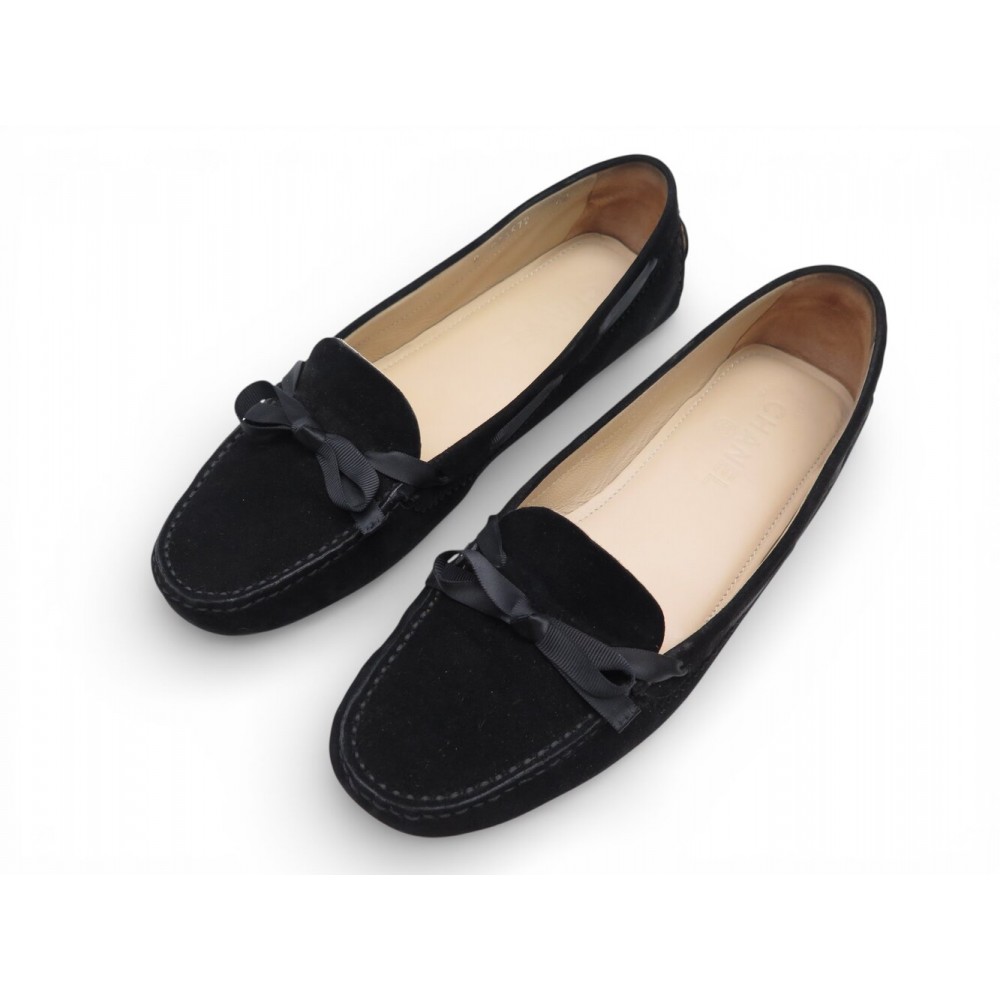 NEUF CHAUSSURES CHANEL MOCASSINS BATEAUX NOEUD G26572 40 DAIM NOIR SHOES 1100€