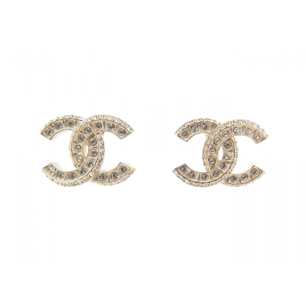 NEUF BOUCLES D'OREILLES CHANEL LOGO CC & STRASS A86504 METAL DORE EARRINGS 550€