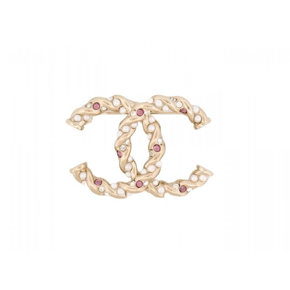 NEUF BROCHE CHANEL LOGO CC PERLES STRASS METAL TORSADE DORE + BOITE BROOCH 650€