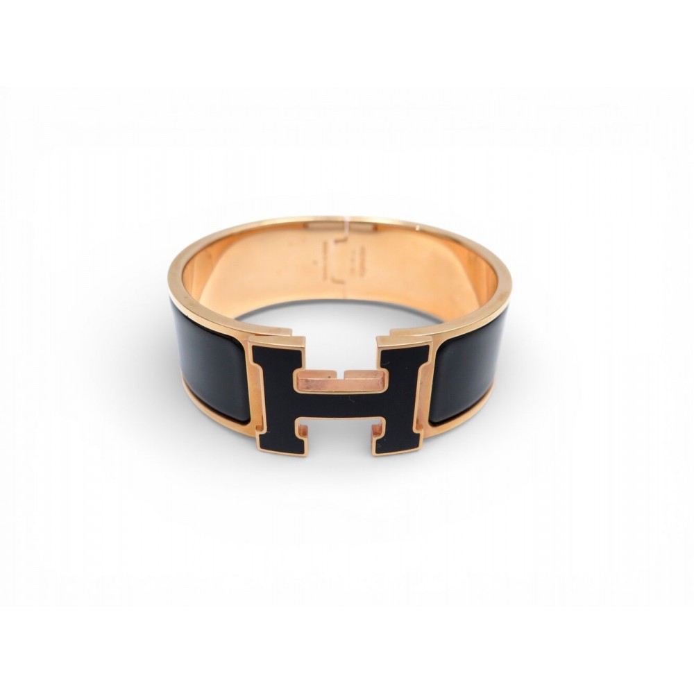 BRACELET HERMES CLIC CLAC H H300001F01 T 16 EMAIL NOIR ET METAL DORE BANGLE 755€