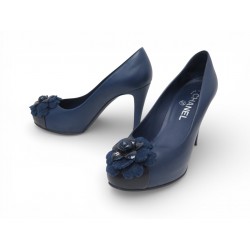 CHAUSSURES CHANEL ESCARPINS CAMELIA G28744 37 EN CUIR BLEU LEATHER SHOES 1400€