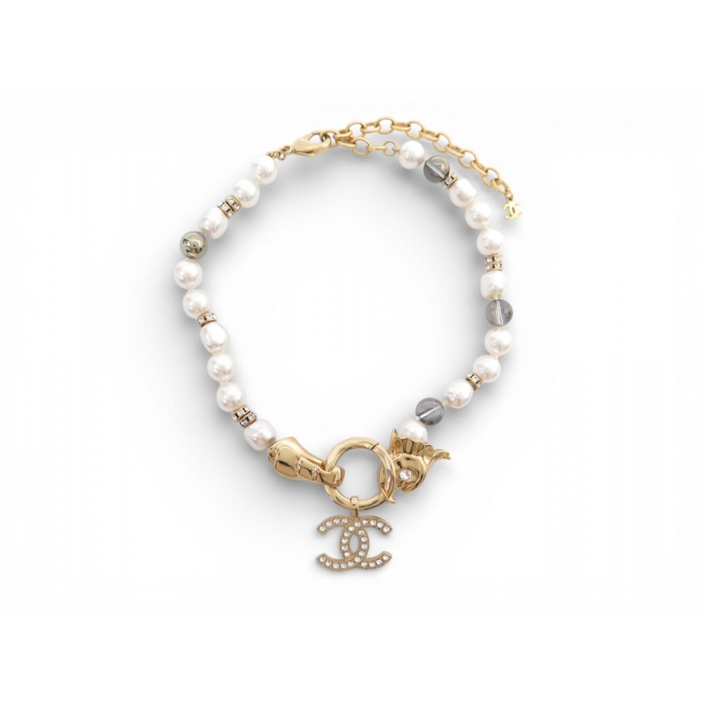 NEUF COLLIER CHANEL RAS DU COU DRAGON POISSON LOGO CC STRASS PERLES CHOKER 1500€