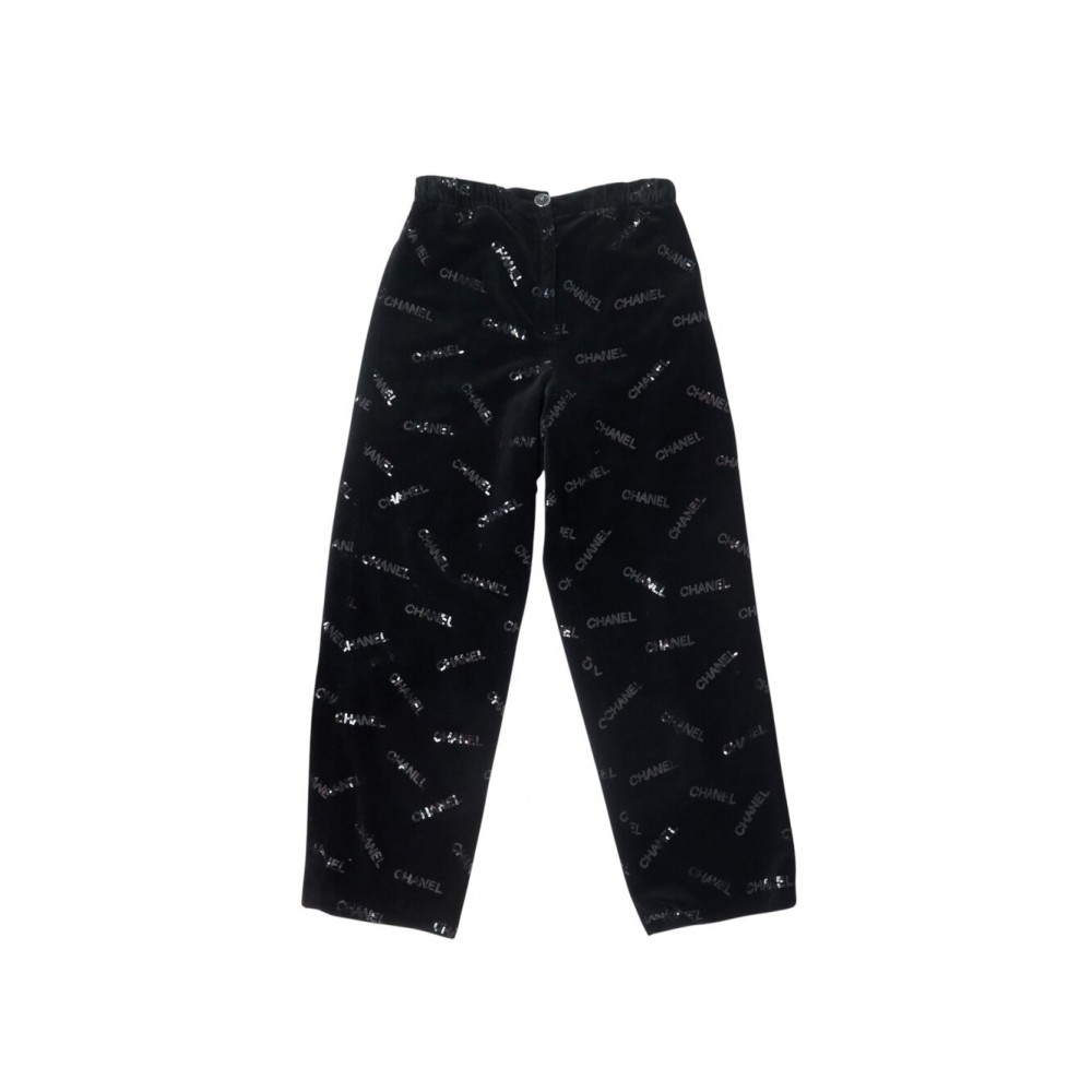 RARE PANTALON CHANEL LOGO EN SEQUINS P50622V37590 M 38 VELOURS NOIR PANTS 7000€