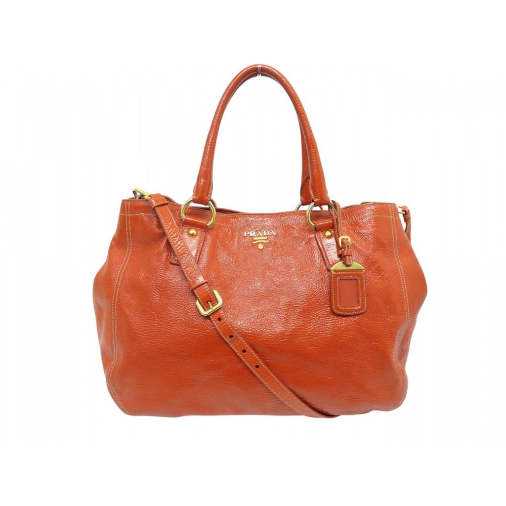 SAC A MAIN PRADA GRAND CABAS CUIR VERNIS ORANGE BANDOULIERE TOTE HAND BAG 3800€