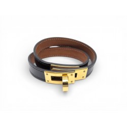 BRACELET HERMES KELLY DOUBLE TOUR T3 16CM EN CUIR NOIR DORE LEATHER BANGLE 655€