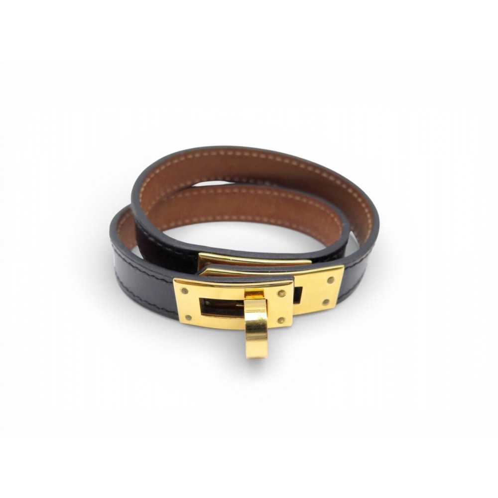 BRACELET HERMES KELLY DOUBLE TOUR T3 16CM EN CUIR NOIR DORE LEATHER BANGLE 655€