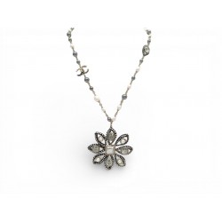 COLLIER CHANEL PERLES PENDENTIF FLEUR AVEC PIERRES 30-60 CM METAL DORE NECKLACE