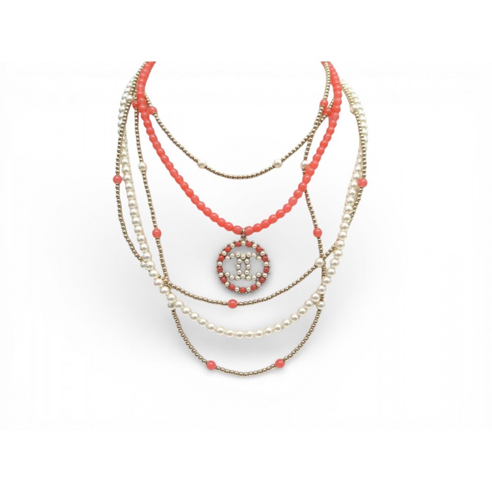 NEUF COLLIER CHANEL SAUTOIR PERLES LOGO CC EFFET CORAIL 60 METAL NECKLACE 1900€