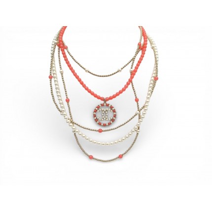 NEUF COLLIER CHANEL SAUTOIR PERLES LOGO CC EFFET CORAIL 60 METAL NECKLACE 1900€