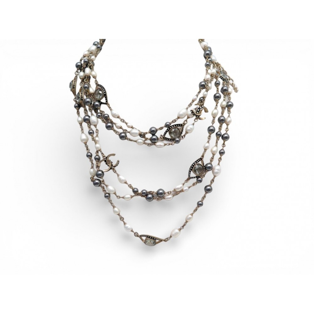 NEUF COLLIER CHANEL SAUTOIR PERLES LOGO CC OEIL 98CM METAL DORE NECKLACE 2300€