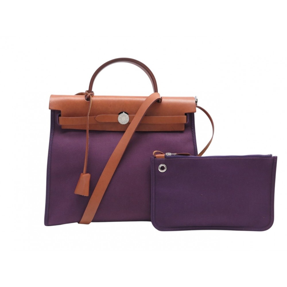 SAC A MAIN HERMES HERBAG 31 ZIP EN TOILE ET CUIR VIOLET BANDOULIERE BAG 2440€