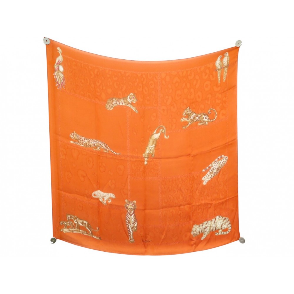 FOULARD CARTIER BIJOUX PANTHERE TIGRE CARRE 90 EN MOUSSELINE DE SOIE SCARF 530€