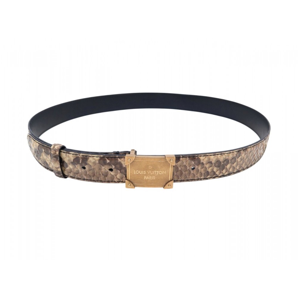 CEINTURE LOUIS VUITTON BOUCLE TRUNK DORE ET CUIR DE PYTHON BEIGE T85 BELT 940€
