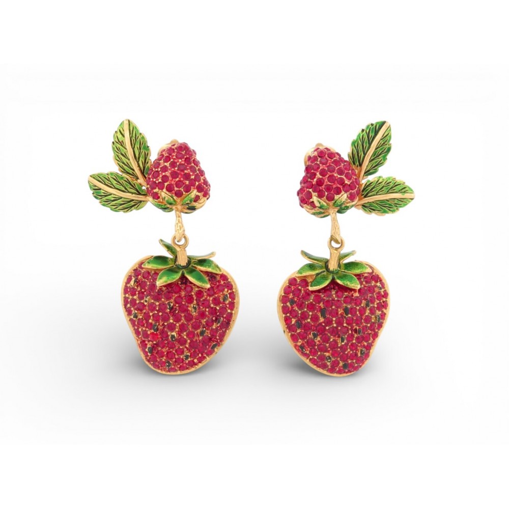 BOUCLES D'OREILLES DOLCE & GABBANA PENDANTES FRAISES STRASS DORE EARRINGS 500€