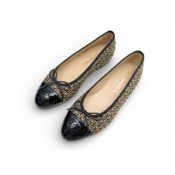 NEUF BALLERINES CHANEL G02819 TWEED MULTICOLORE ET CUIR VERNI 36 FLAT SHOES 960€