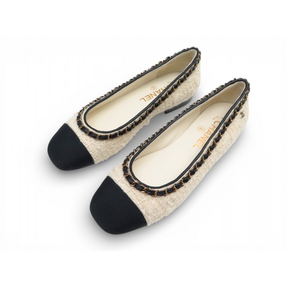 NEUF BALLERINES CHANEL G32927 TWEED CHAINE ENTRELACEE LOGO CC 36 FLAT SHOES 960€