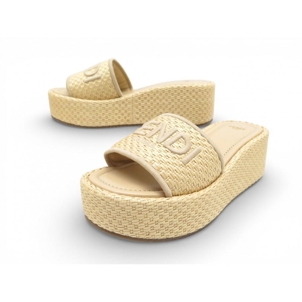 NEUF CHAUSSURES MULES FENDI SUNSHINE 8R8515 37 SANDALES PLATEFORMES RAPHIA 420€