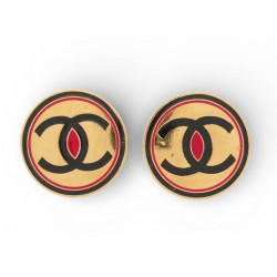 VINTAGE BOUCLES D'OREILLES CHANEL RONDES LOGO CC EMAILLE METAL A CLIPS EARRINGS