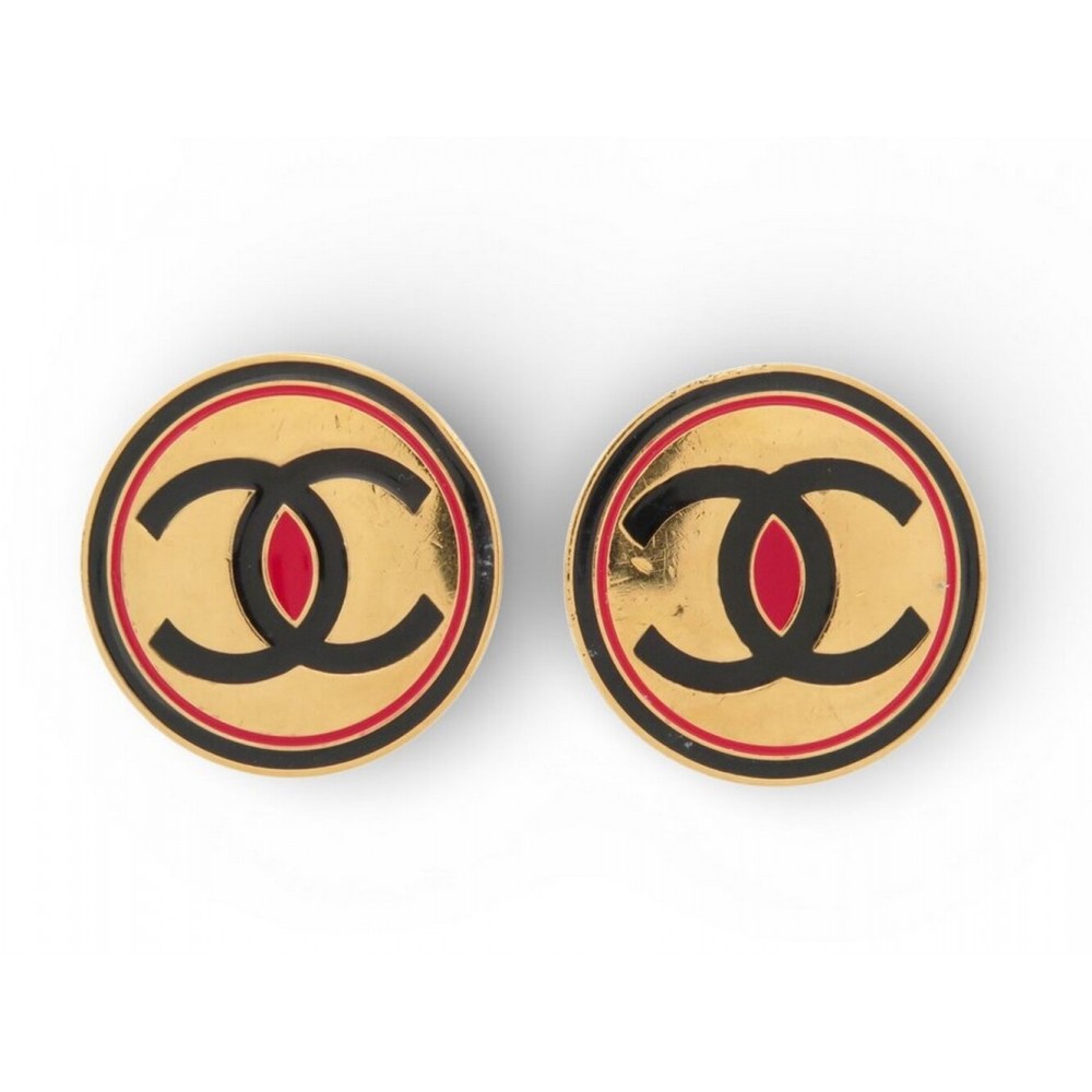 VINTAGE BOUCLES D'OREILLES CHANEL RONDES LOGO CC EMAILLE METAL A CLIPS EARRINGS