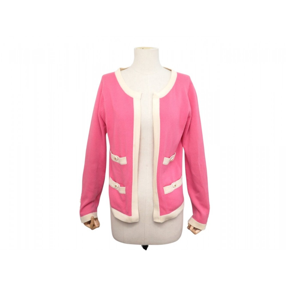 VINTAGE CARDIGAN CHANEL GILET T 38 M EN CACHEMIRE ROSE BLANC VESTE JACKET 4900€
