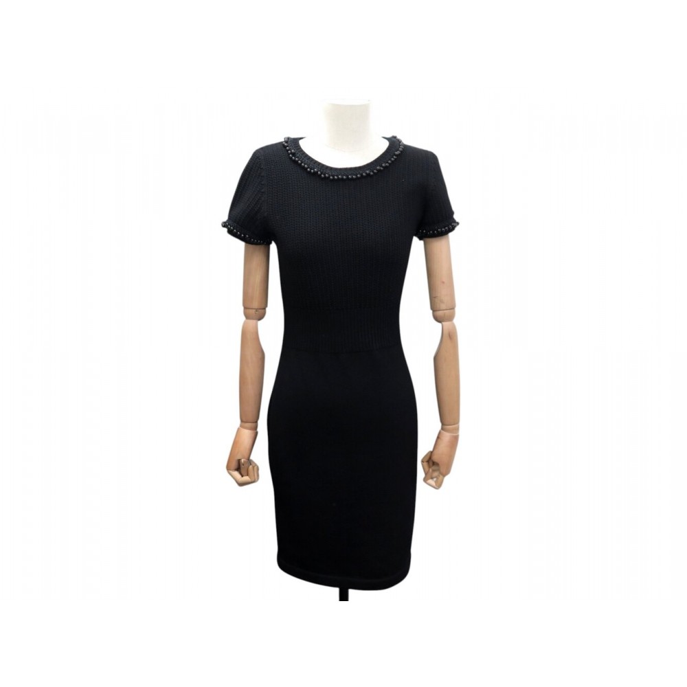 NEUF ROBE CHANEL MANCHES COURTES PERLES P37348 M 38 LAINE NOIRE WOOL DRESS 3690€
