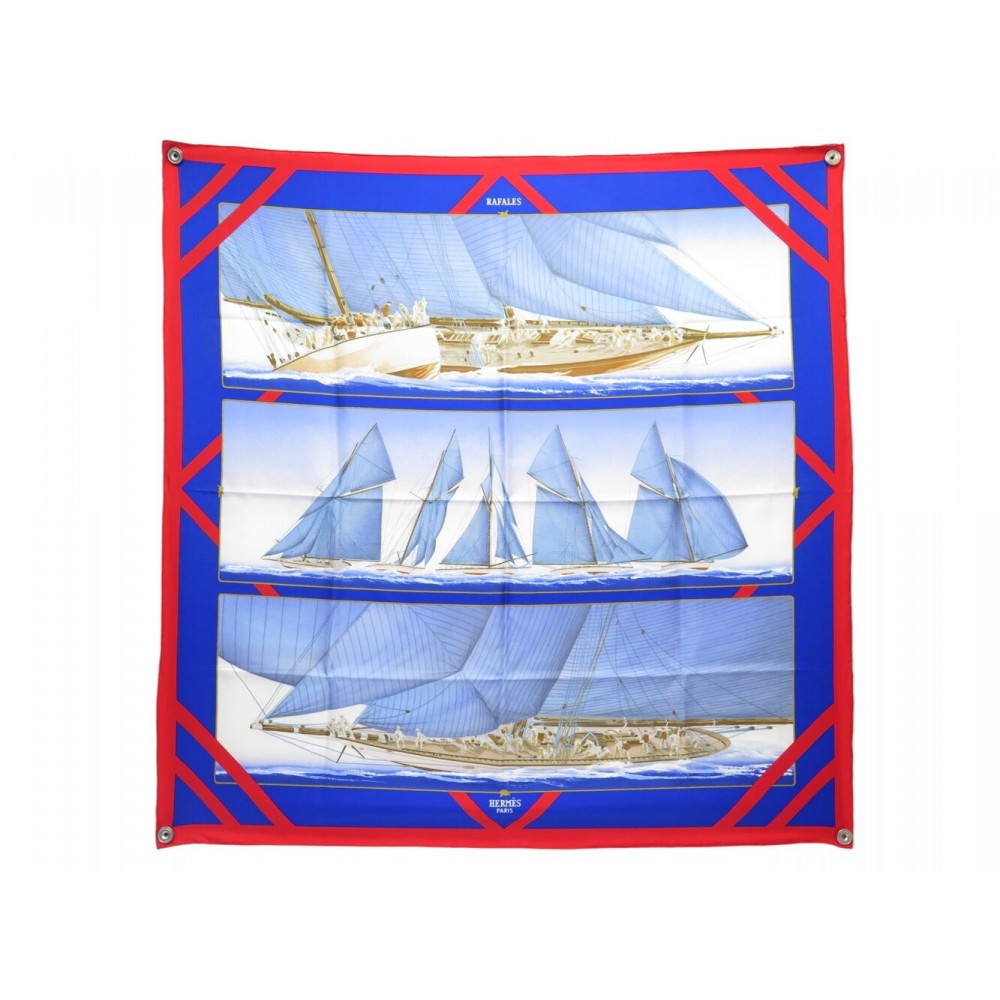 NEUF VINTAGE FOULARD HERMES RAFALES MANIER CARRE 90 EN SOIE BLEU SILK SCARF 580€