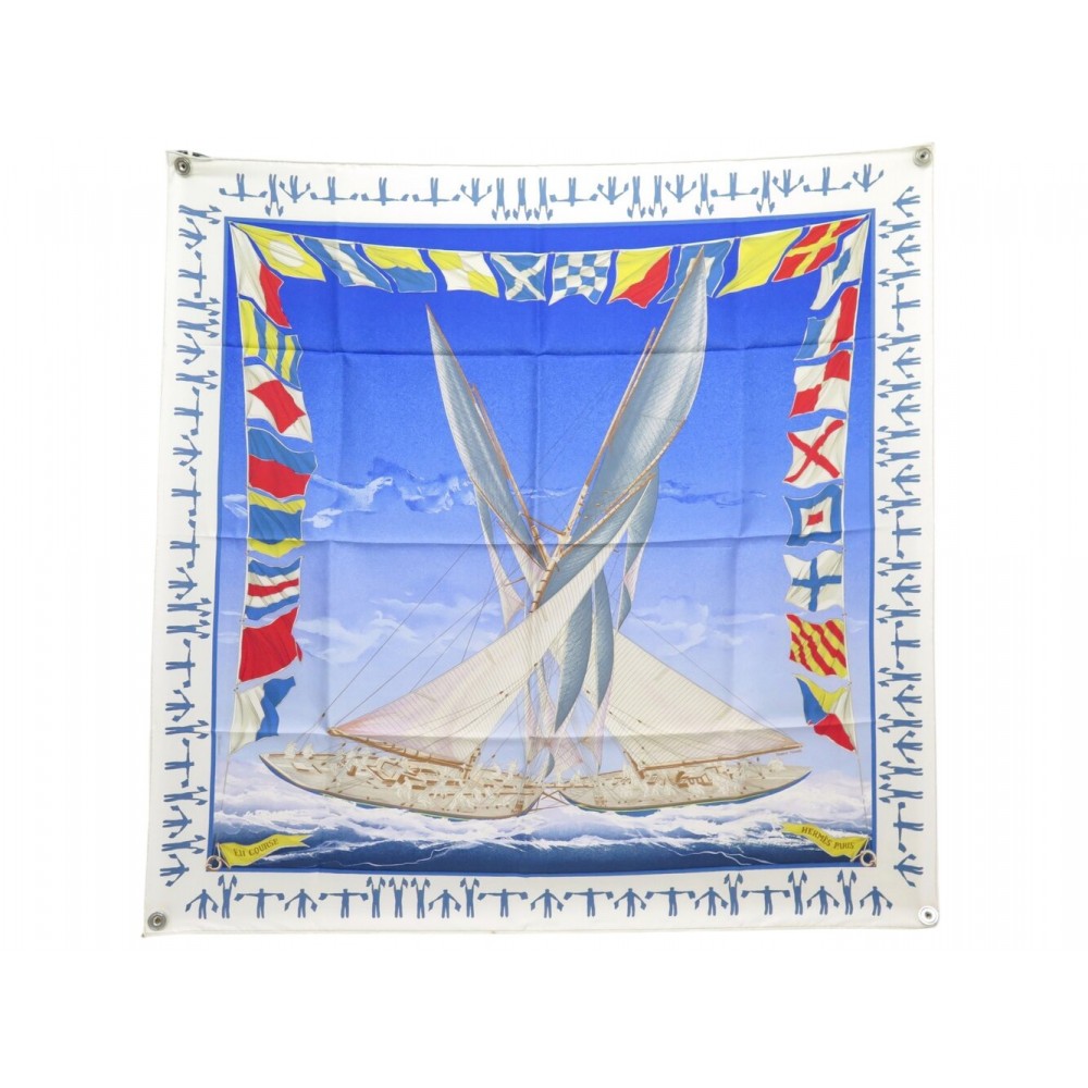 FOULARD HERMES EN COURSE 90 PAR YANNICK MANIER EN SOIE BLEU BLUE SILK SCARF 580€