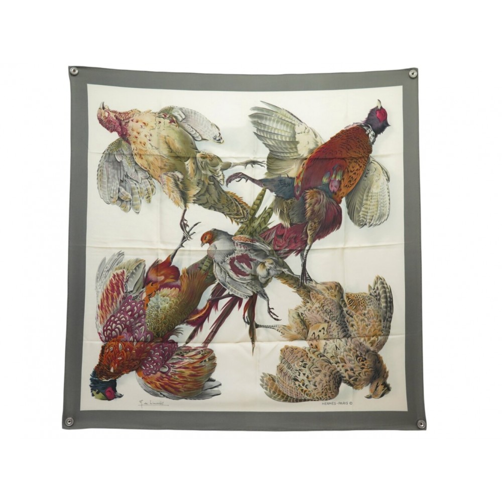 VINTAGE FOULARD HERMES BELLE CHASSE DE LINARES 90 EN SOIE tAUPE SILK SCARF 580€