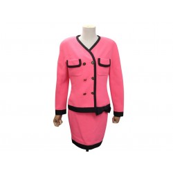 TAILLEUR CHANEL VESTE + JUPE M 38 LAINE ROSE NOEUD BOUTONS LOGO CC SUIT 10300€