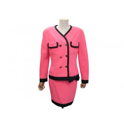 TAILLEUR CHANEL VESTE + JUPE M 38 LAINE ROSE NOEUD BOUTONS LOGO CC SUIT 10300€