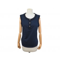 NEUF HAUT TOP CHANEL SANS MANCHES P43335 3 BOUTONS LOGO CC EN COTON BLEU 1900€