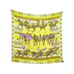 NEUF FOULARD HERMES LES PONEYS DE POLO WATRIGANT CARRE 90 SOIE JAUNE SCARF 580€