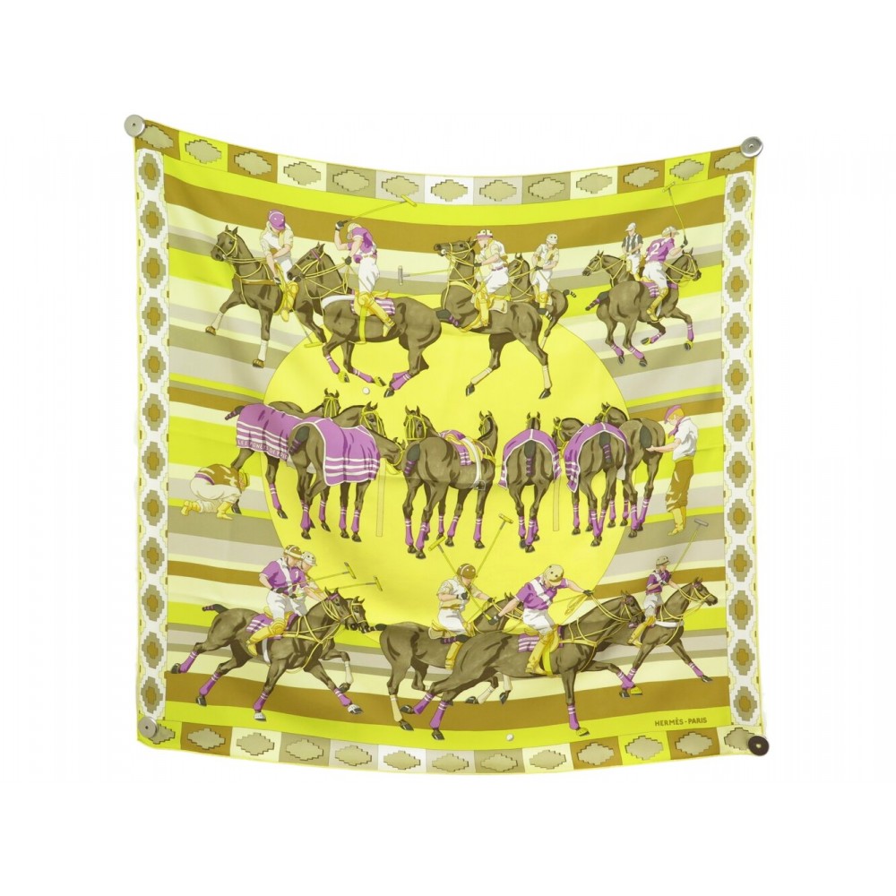 NEUF FOULARD HERMES LES PONEYS DE POLO WATRIGANT CARRE 90 SOIE JAUNE SCARF 580€
