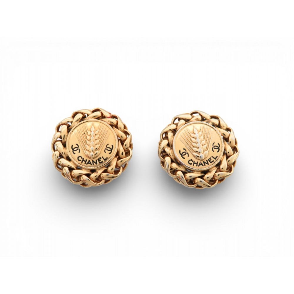 VINTAGE BOUCLES D'OREILLES CHANEL 1960 GRANDES PUCES EPIS DE BLE CHAINE EARRINGS