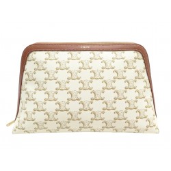 POCHETTE COSMETIQUE CELINE GM TOILE TRIOMPHE CREME & CUIR TAN CANVAS POUCH 450€