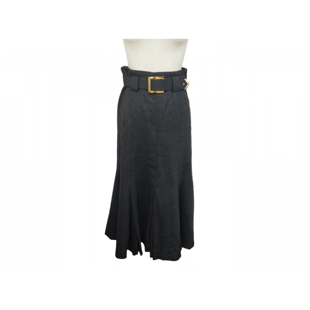 VINTAGE JUPE CHANEL LONGUE + CEINTURE BOUCLE CARREE 163281G3 38 M SKIRT 5000€