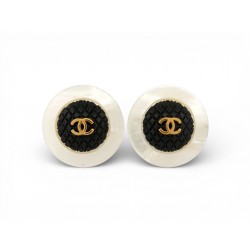 VINTAGE BOUCLES D'OREILLES CHANEL PUCES RONDES LOGO CC 1960 1965 NACRE EARRINGS