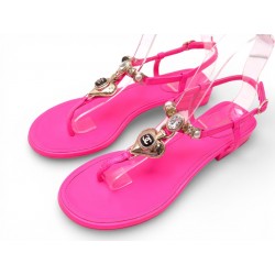 CHAUSSURES CHANEL TONGS LOGO CC 37 SANDALES CC COEUR CUIR ROSE FLUO SHOES 1450€