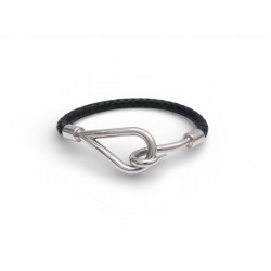 BRACELET HERMES JUMBO H BOUCLES EN ACIER PALLADIE & CUIR TRESSE NOIR T15 BANGLE