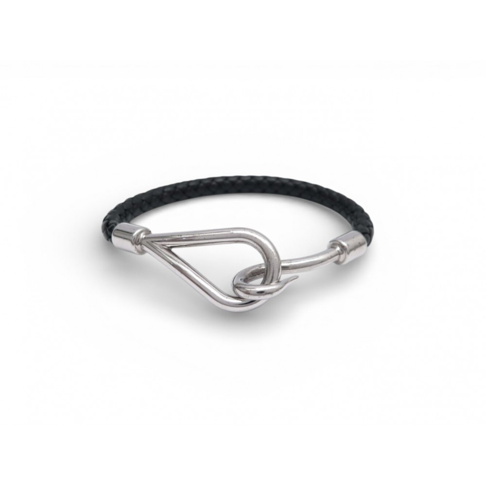 BRACELET HERMES JUMBO H BOUCLES EN ACIER PALLADIE & CUIR TRESSE NOIR T15 BANGLE