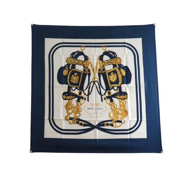 FOULARD HERMES BRIDES DE GALA GRYGKAR CARRE EN SOIE BLEU BLUE SILK SCARF 350€